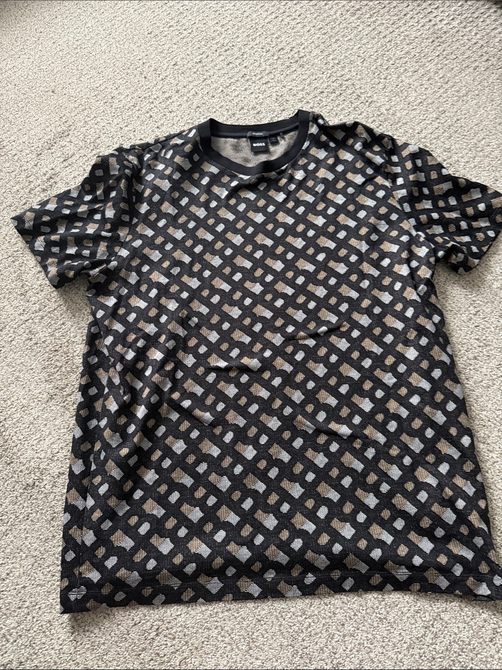 Boss Black Short Sleeve Crew Tee with Geometric Lattice Print